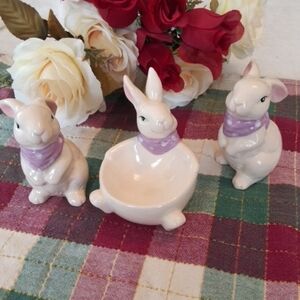 Charming Cream Bunny Figurine Set with Purple Scarves